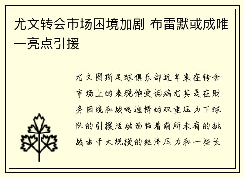 尤文转会市场困境加剧 布雷默或成唯一亮点引援