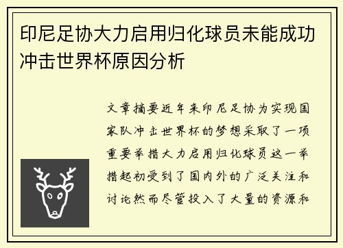 印尼足协大力启用归化球员未能成功冲击世界杯原因分析